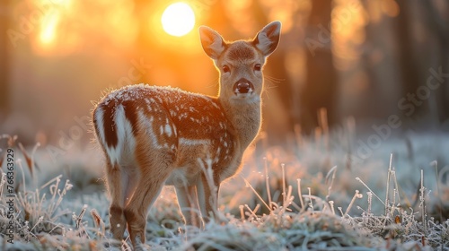 Morning Surprise: Deer in a Frosty Forest Generative AI