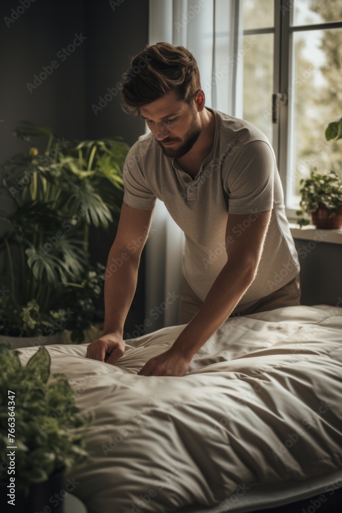 A man in a white t-shirt is using an iron to smooth out wrinkles on a bedsheet. The bed is neatly made, and the man is focused on his task A man in a white t-shirt is using an iron to smooth out wrinkles on a bedsheet. The bed is neatly made, and the man is focused on his task