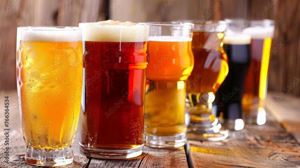 Assorted Craft Beers in Pint Glasses on a Wooden Table Assorted Craft Beers in Pint Glasses on a Wooden Table