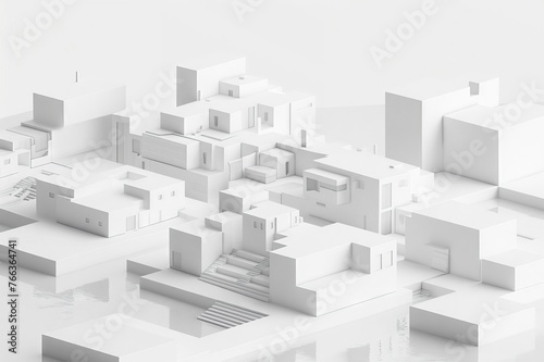 simple floating isometric video game of builing blocks creating a living community, simple, modules, 3d printed, monochrome, white, modular cubes, modern architecture
