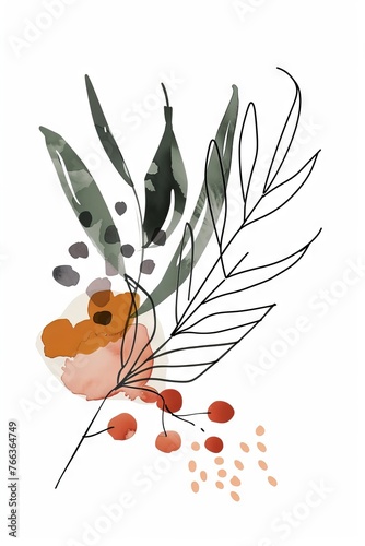 Abstract minimalistic scandinavian botanical art with warm color tones. A delicate composition of floral and foliage elements intertwined with abstract warm colored shapes and subtle brushstrokes