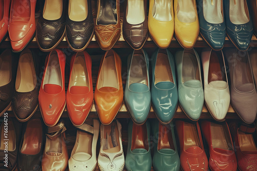 Many Vintage Women's Shoes in Different Colors Displayed at a Secondhand Shoe Store.