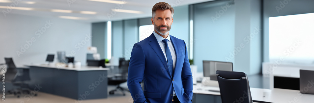 Young handsome man in suit in office. Banner, business concept Young handsome man in suit in office. Banner, business concept