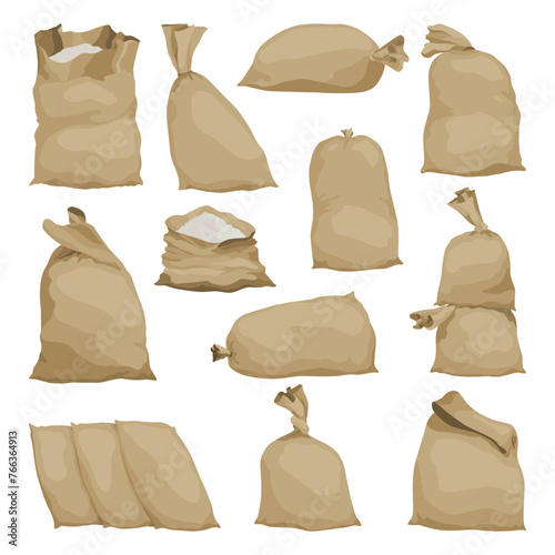 Burlap farmer bag set with flour, rice or salt. Agricultural product. Farm production in brown textile bales, closed and open sacks with white product inside. Cartoon vector icons
