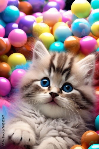 Multi-colored balloons and funny cat, kitty. Holiday. Birthday. © solution