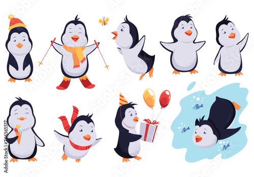 Cute penguin set. Draw character design of funny penguins in cartoon style. Sleeping, eating ice cream and waving wing