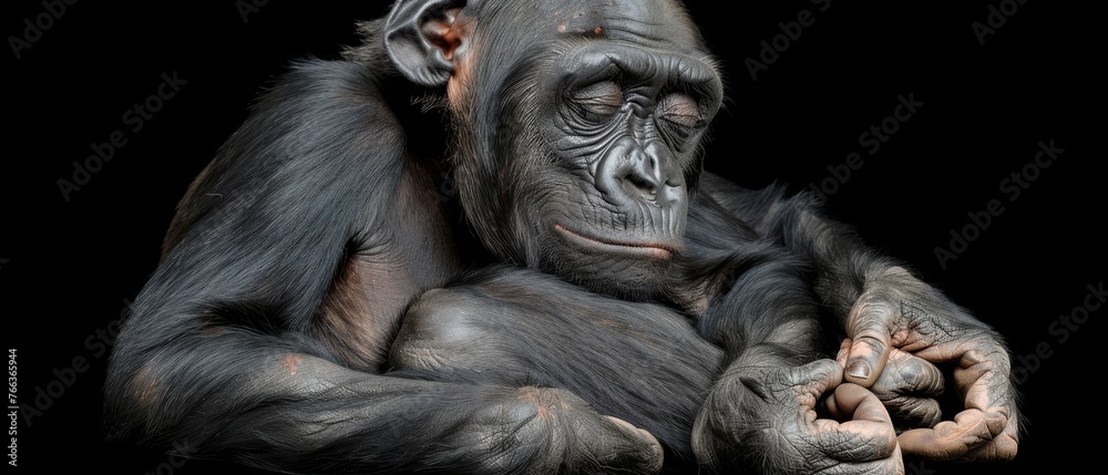  Chimpan in focused stare, hands on chest