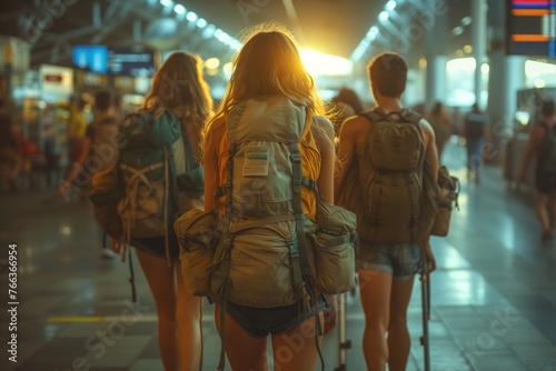 Four backpackers with trekking poles await their train journey in a busy station