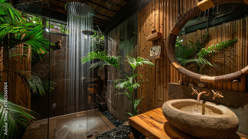 A tropical oasis bathroom with bamboo walls  a waterfall shower  and a stone vessel sink