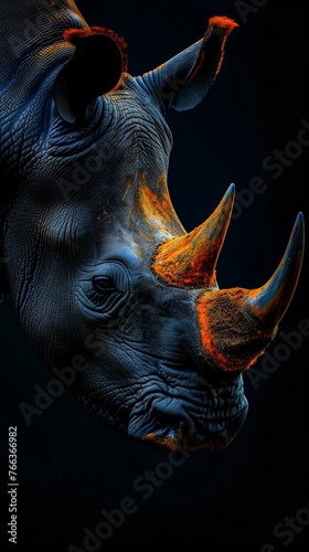 black rhino portrait, low key, details of aluminum LED profiles, with vivid lights creating a stunning visual contrast against the metallic surface, black background © BOMB8