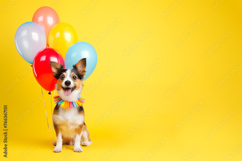 Funny dog with helium balloons on yellow background, copy space.