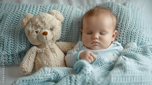 Baby Sleeping Peacefully with Teddy Bear Under Light Blue Blanket Generative AI