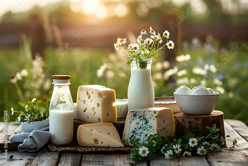 A variety of cheeses and a bottle of milk against the background of a meadow with daisies in the golden light of sunset. Concept: organic healthy food for a diet menu. Dairy products