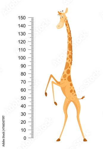 Funny giraffe. Cheerful funny giraffe with long neck. Giraffe meter wall or height chart or wall sticker. Illustration with scale from 0 to 150 centimeter to measure growth