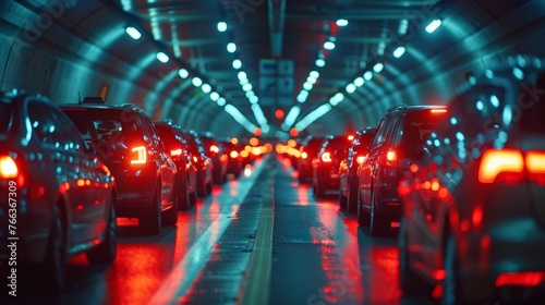 Traffic Jam in a Tunnel: Drivers Waiting Patiently in Dark Space Illuminated by Brake Lights Generative AI
