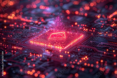 A glowing digital envelope icon on a complex circuit board highlighting communication and data transfer
