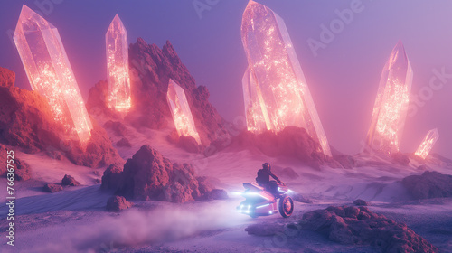 A surreal, neon-lit desert with giant crystal formations emitting light, and a traveler on a glowing hoverbike speeding across the sands.