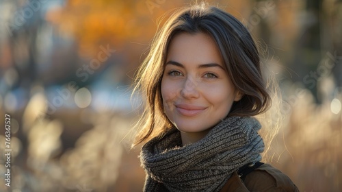 Medium Length Brown Haired Woman Smiling Frontally at Half Length Generative AI