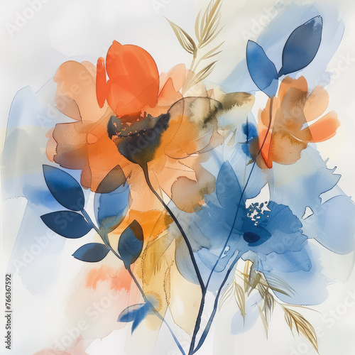 Fototapeta Naklejka Na Ścianę i Meble -  abstract painting of flowers in orange and blue