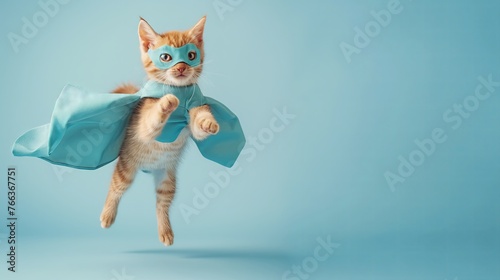 superhero cat, Cute orange tabby kitty with a blue cloak and mask jumping and flying on light blue background with copy space. The concept of a superhero, super cat, leader, funny animal studio shot. © André Troiano