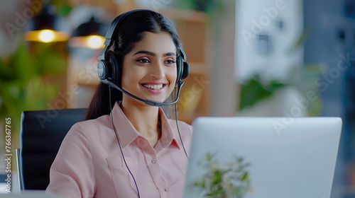 Happy Indian customer service representative wearing headset talking to customers working in customer support office Professional using laptop chatting