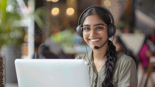 Happy Indian customer service representative wearing headset talking to customers working in customer support office Professional using laptop chatting