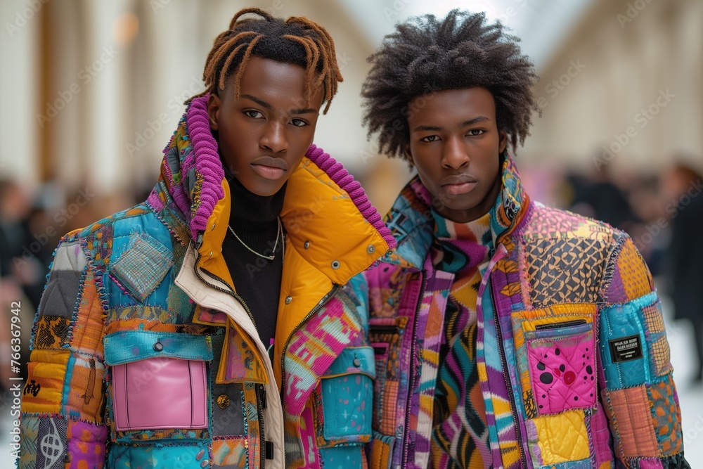 Two stylish young models pose with vibrant and eclectic fashion choices, exuding confidence and trendiness Two stylish young models pose with vibrant and eclectic fashion choices, exuding confidence and trendiness