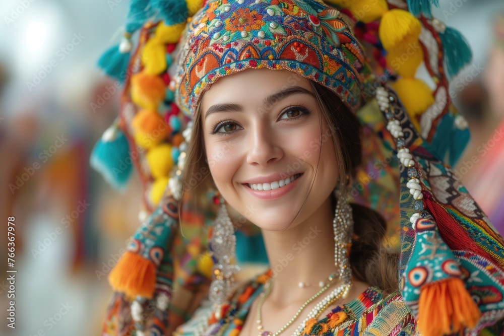 A beaming woman wearing a colorful, traditional costume adorned with floral patterns and embroidery