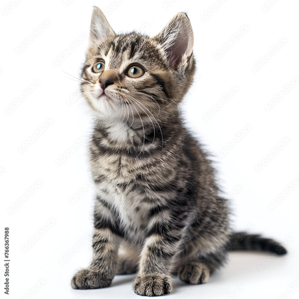 On a white background, a small cat is isolated. Baby Tabby cat On a white background, a small cat is isolated. Baby Tabby cat