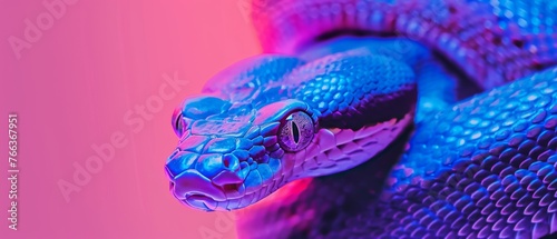  A close-up picture of a purple and blue snake against a pink and purple background, with a pink and blue background in the background