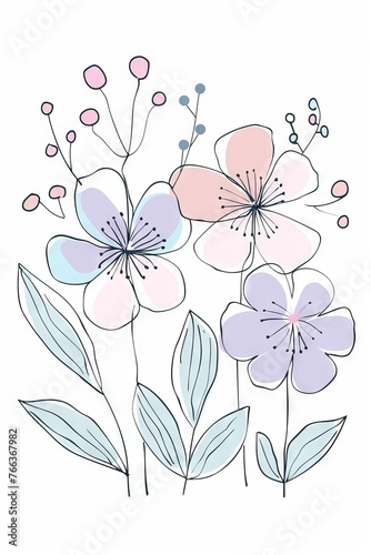 Abstract minimalistic scandinavian botanical art with warm color tones. A delicate composition of floral and foliage elements intertwined with abstract warm colored shapes and subtle brushstrokes