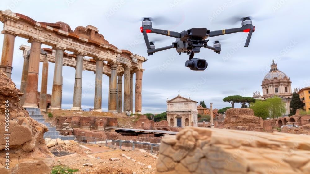 Behold the stunning contrast of old and new as a drone hovers over the ancient ruins of Rome - obrazy, fototapety, plakaty 