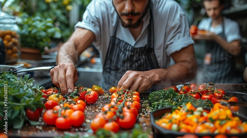 Chef arranging fresh tomatoes at farmers market: close-up of chef carefully selecting ripe tomatoes among an assortment of fresh vegetables