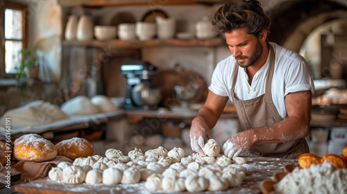 Artisan baker kneading dough in rustic bakery: skilled male baker prepares dough amidst a sunlit, traditional bakery setting