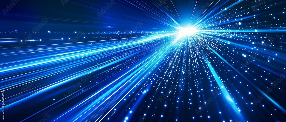 Fototapeta premium Vector Abstract, science, futuristic, energy technology concept. Digital image of light rays, stripes lines with blue light, speed and motion blur over dark blue background
