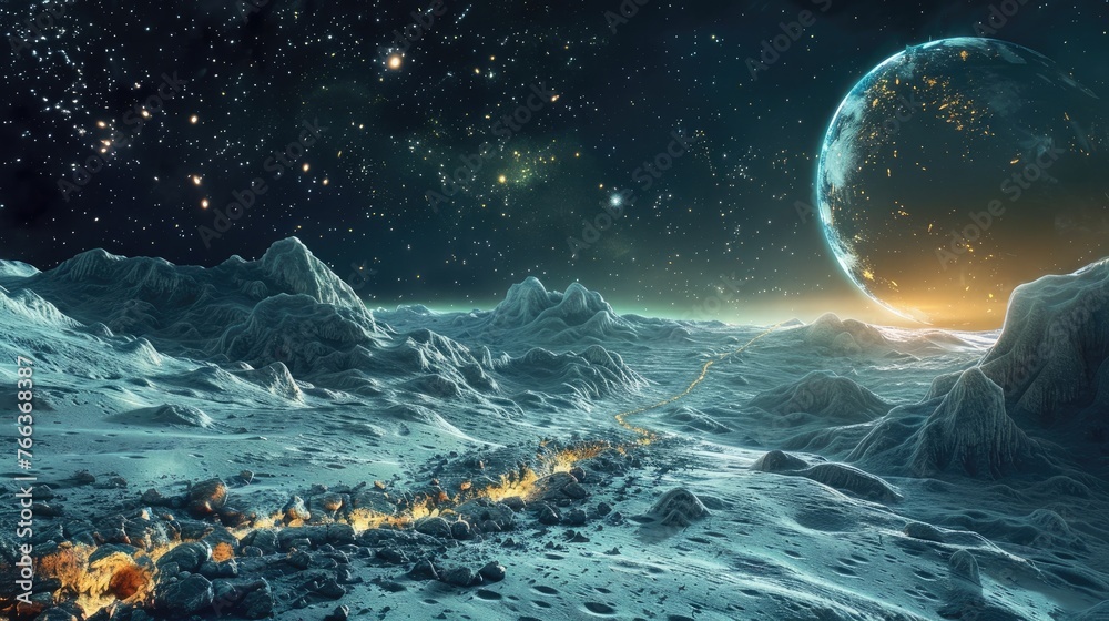 Mesmerizing Frozen Alien Planet Landscape with Glowing Moon and Starry Night Sky