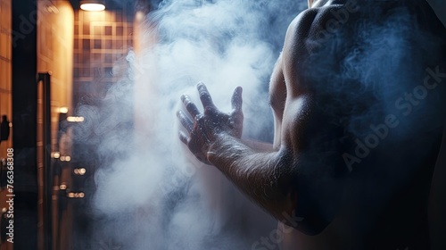 muscular man relaxing in sauna, steam,