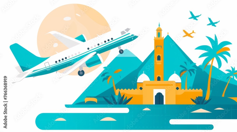 Obraz premium Craft an illustration of airplanes flying over the vibrant colors and bustling markets of Marrakech, Morocco, with the