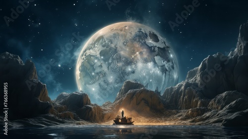 A large planet with a small boat floating on its surface. The scene is set in a vast, empty space with no other objects or people visible. Scene is one of solitude and isolation