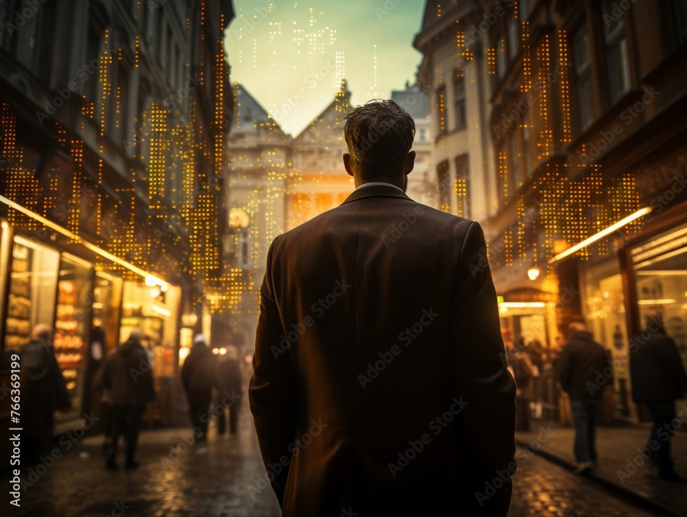 Capture a sleek rear view silhouette against a backdrop of a bustling gold market scene 