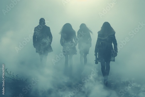 the dramatic narrative of Three businesswomen's venture through clouds and smoke, depicted in epic proportions.