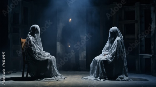 Two people in white robes sit in chairs in a dark room. The room is dimly lit and the atmosphere is eerie
