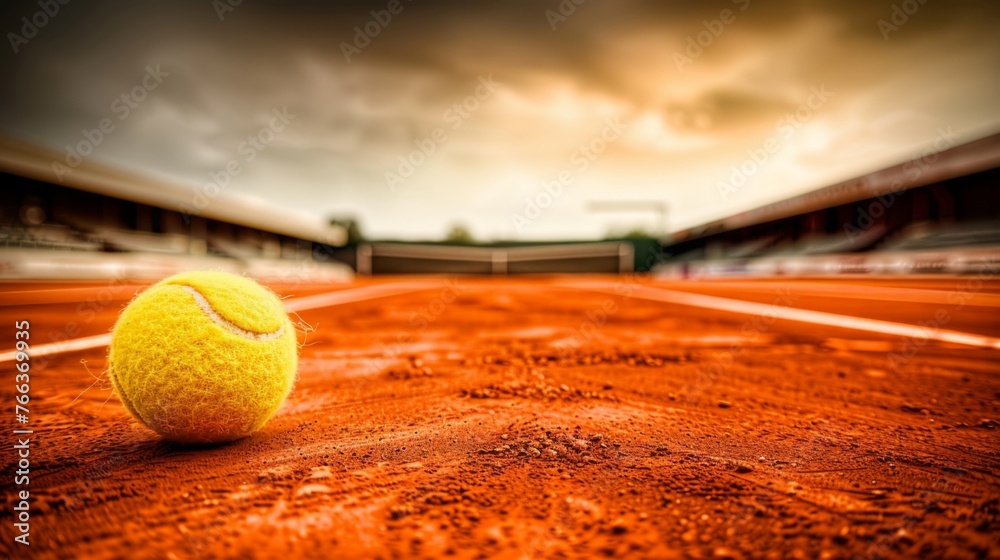 Design a realistic digital artwork showcasing a close-up view of a tennis ball covered in red clay dust