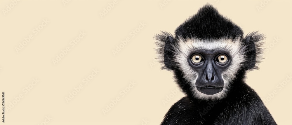 A detailed shot of a monkey with a bicolored face and contrasting fur on its head A detailed shot of a monkey with a bicolored face and contrasting fur on its head