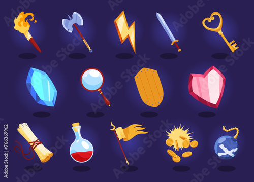 Game icons with heart, lightning, key, gold cup and star. Vector cartoon set of symbols for gui of rpg computer or mobile game, shield, sword, coins, potions and flag