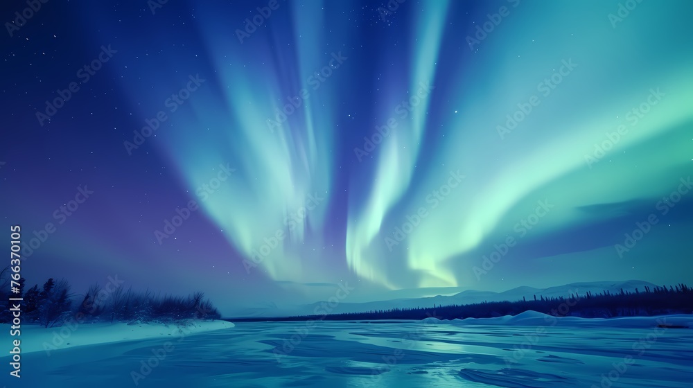 A mesmerizing display of the Northern Lights dancing across the night sky over a frozen, snow-covered landscape.