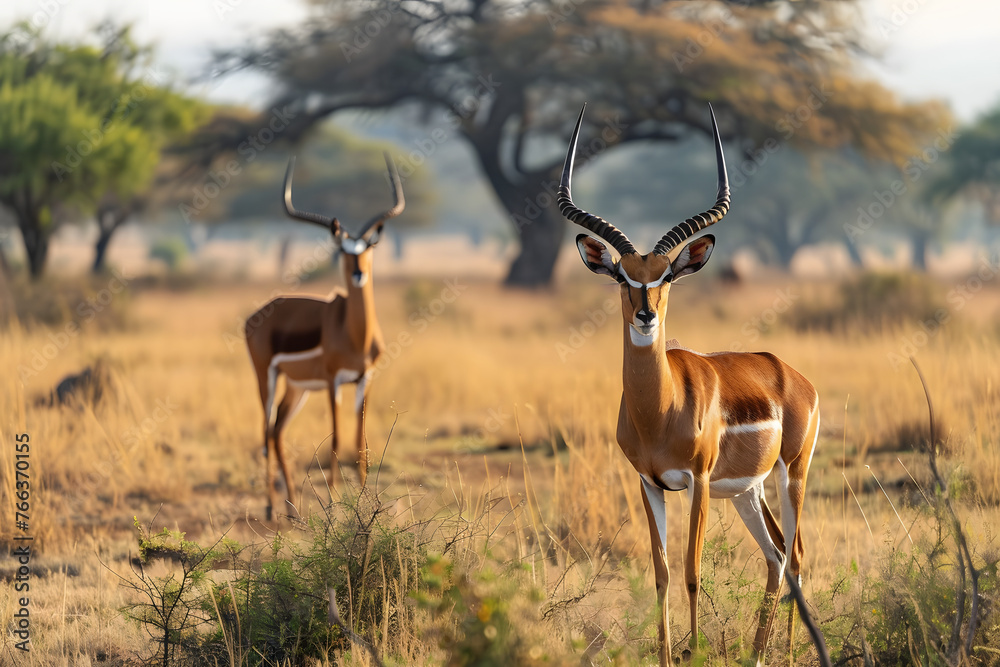 Fototapeta premium a couple of antelope standing next to each other on a dry grass field with trees in the background.