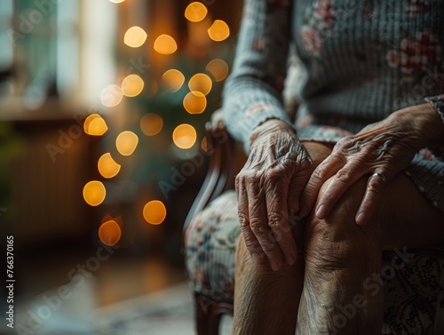 Elderly Woman Seated with Legs Crossed and Kneecap Pain Generative AI photo