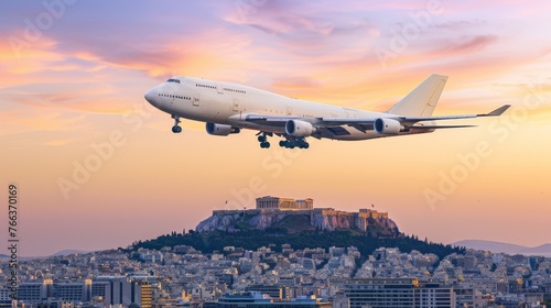Design an aerial view of airplanes flying over the ancient ruins and archaeological sites of Athens, Greece, with