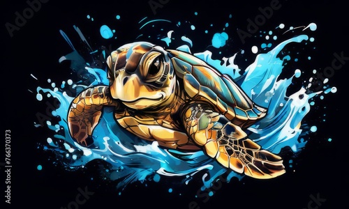 Exquisite image showcasing serene turtle gliding through crystal-clear blue waters of ocean. For fashion, clothing design, animal themed clothing advertising, Tshirt design. photo